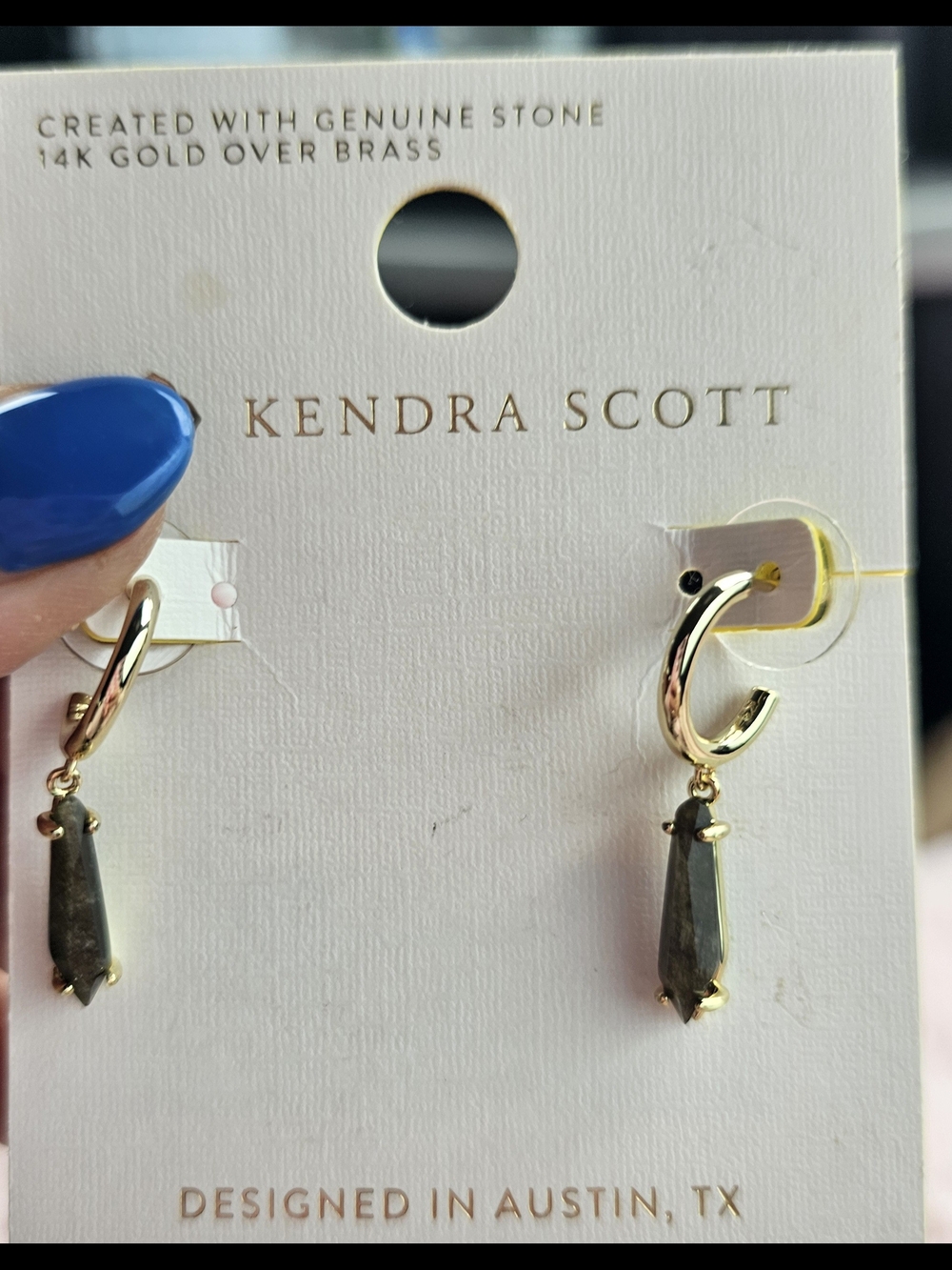 Kendra Scott Gold Hoop Earrings with Dark Gray/Onyx Stone Drop
